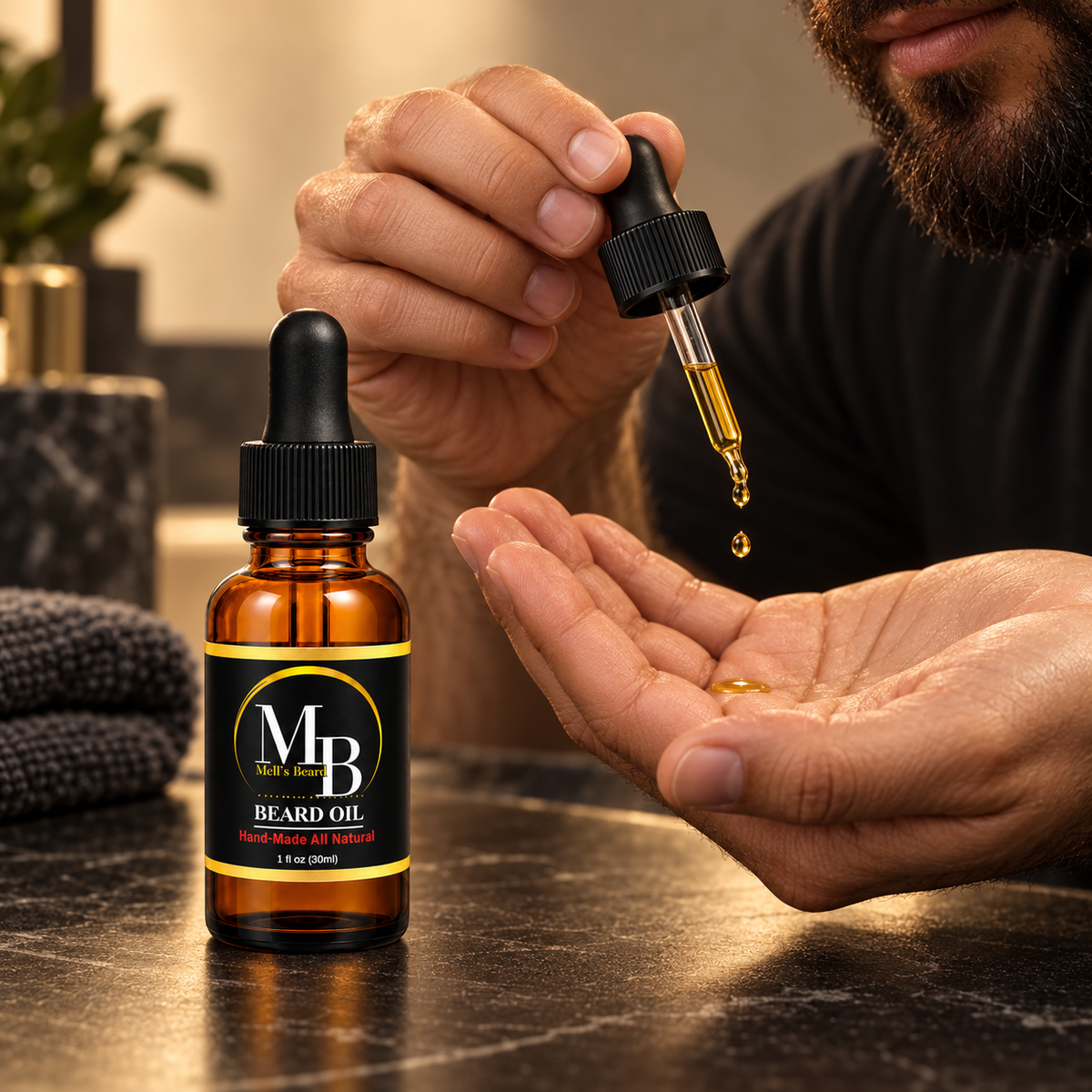 Mell’s Beard Oil being dispensed into a hand for daily beard care