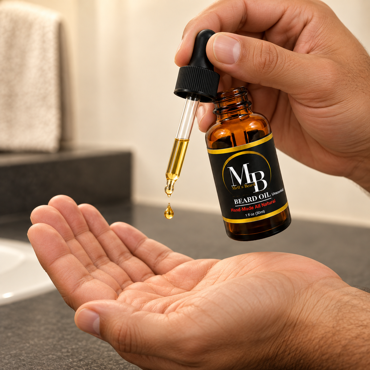 Mell’s Beard Oil Unscented being dispensed into a hand