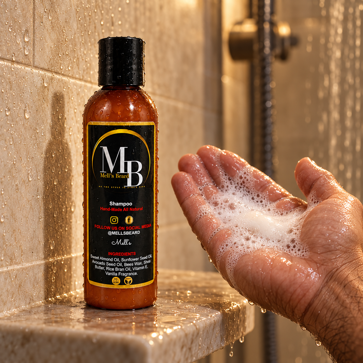Mell’s Beard Shampoo shown with foamy lather