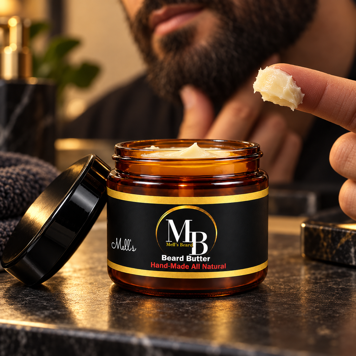 Mell’s Beard Butter open jar showing its smooth conditioning texture