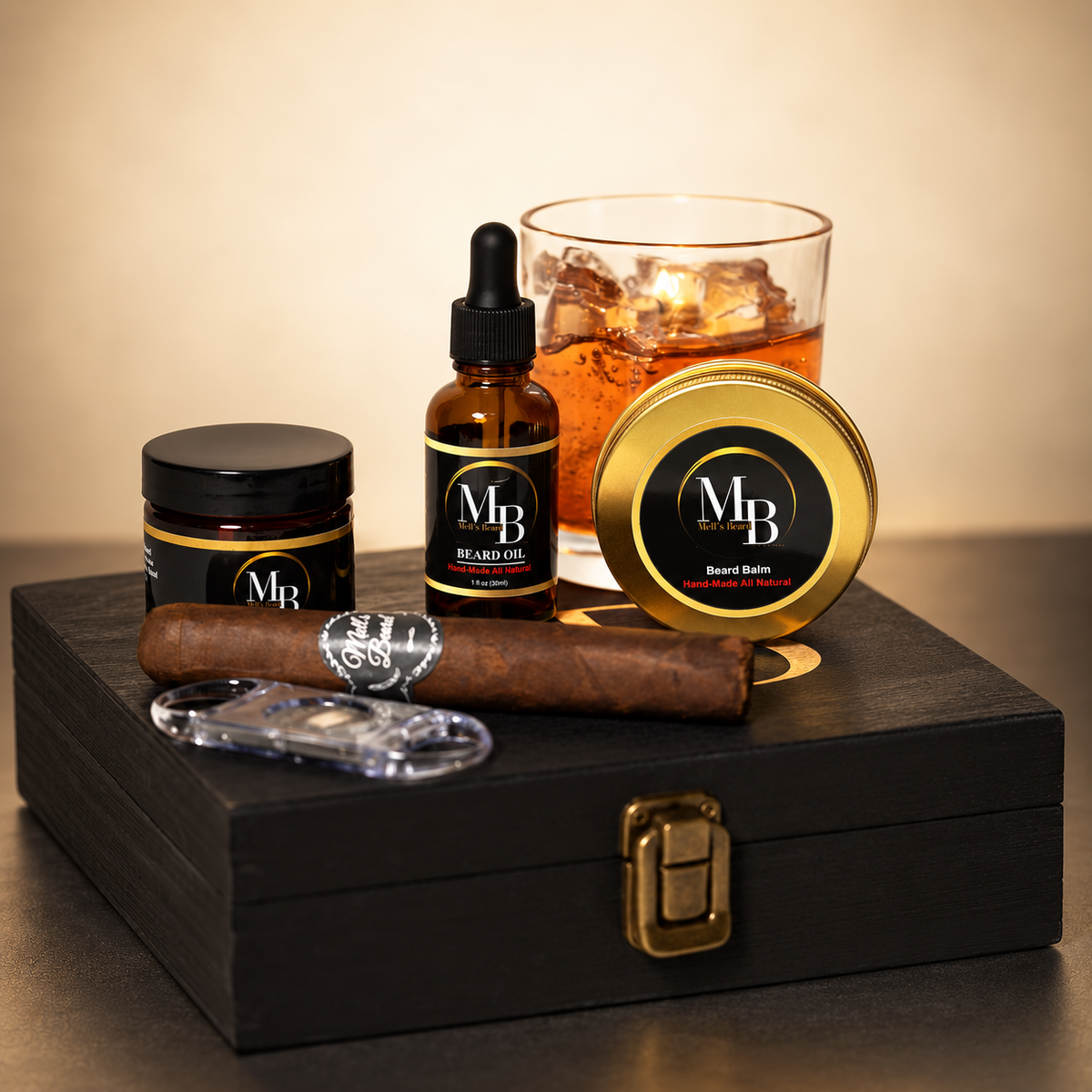 Mell’s Beard Cigar Box in warm premium studio setting