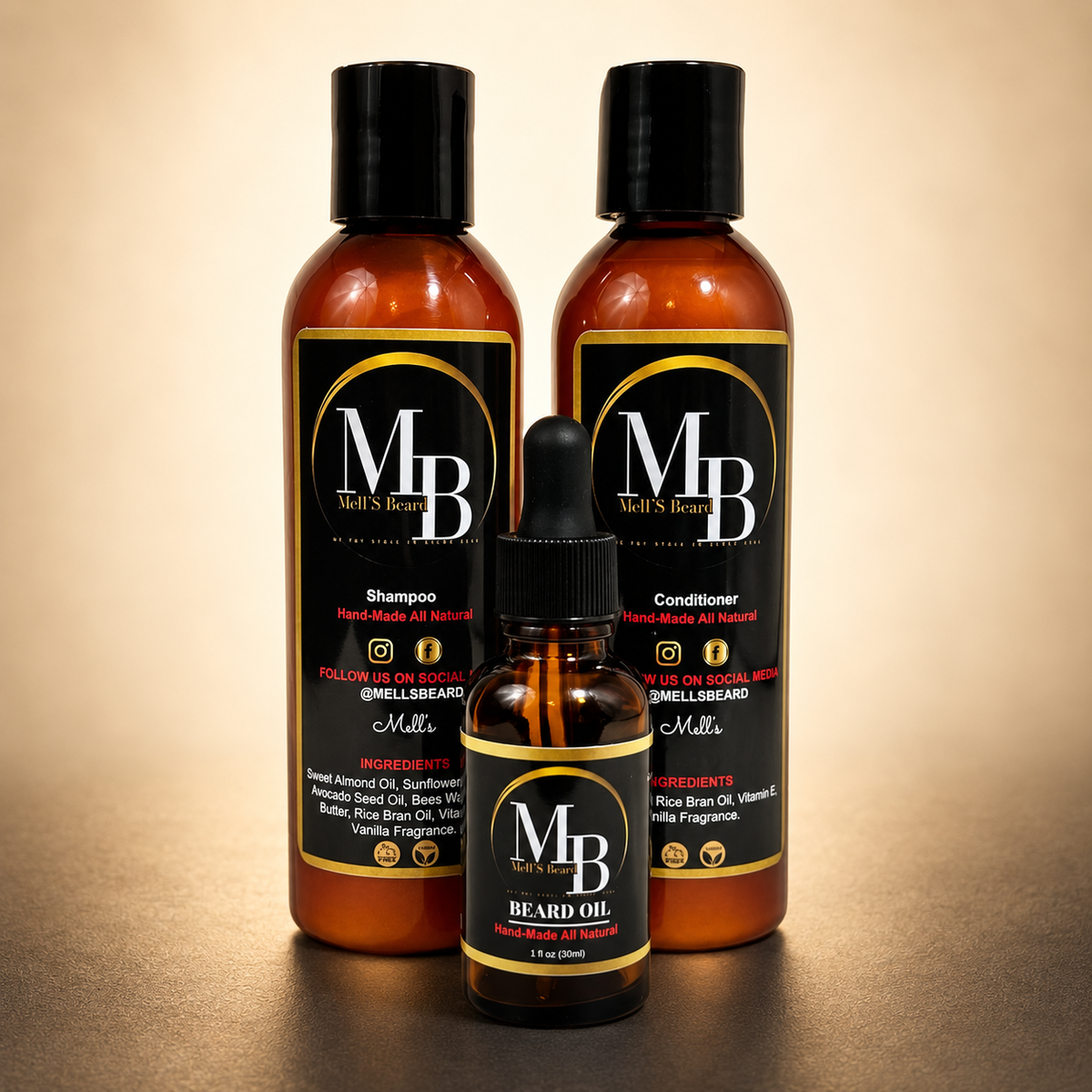 Mell’s Beard Complete Care Kit in warm premium studio setting