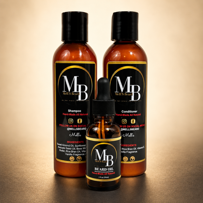 Mell’s Beard Complete Care Kit in warm premium studio setting
