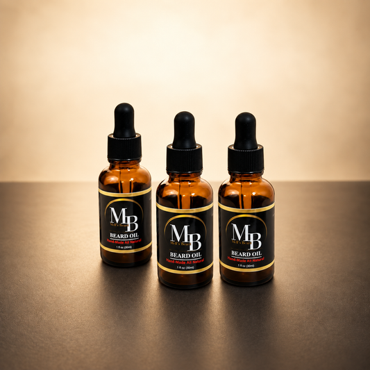 Mell’s Beard Oil Sample Trio with three bottles in warm premium studio setting