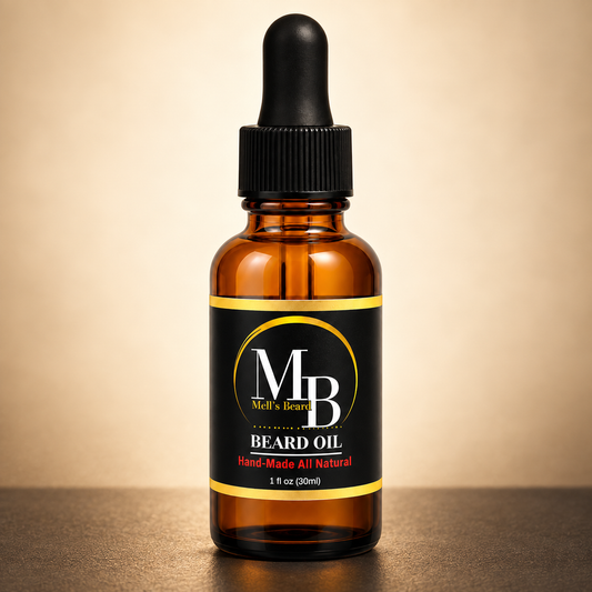 Mell’s Beard Oil in warm premium studio setting