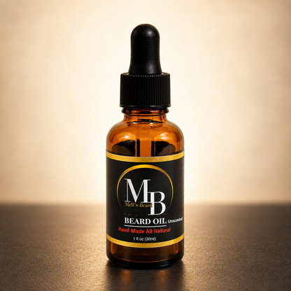 Mell’s Beard Unscented Beard Oil in warm premium studio setting