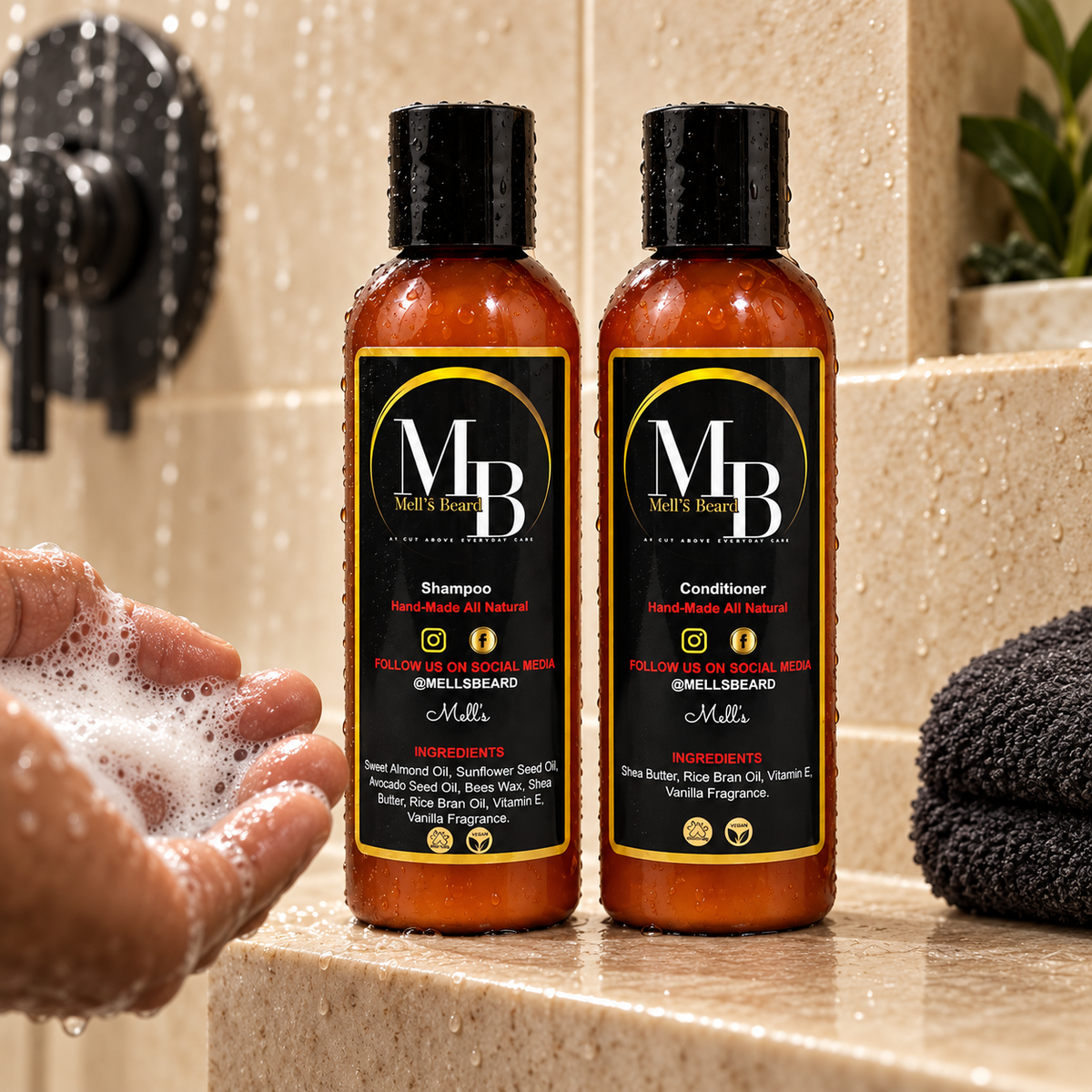 Mell’s Beard Shampoo and Conditioner used in a clean grooming routine