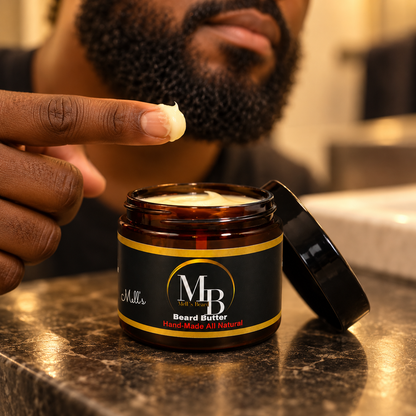 Mell’s Beard Butter Black Business Suit shown open with conditioning texture