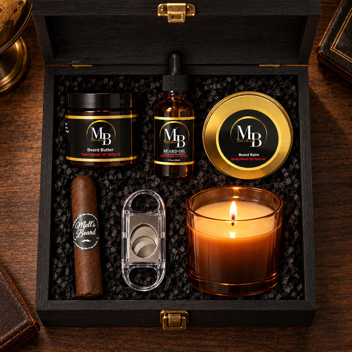 Mell’s Beard Cigar Box with beard oil, butter, balm, candle, cutter, and cigar