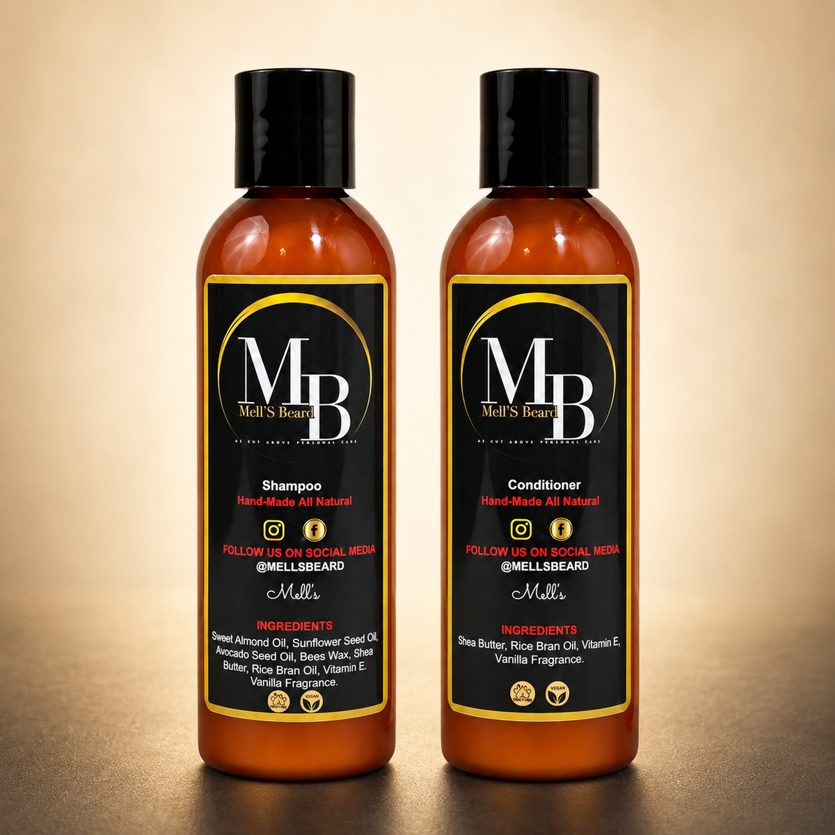 Mell’s Beard Shampoo and Conditioner in warm premium studio setting