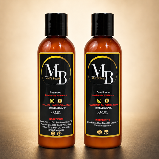 Mell’s Beard Shampoo and Conditioner in warm premium studio setting