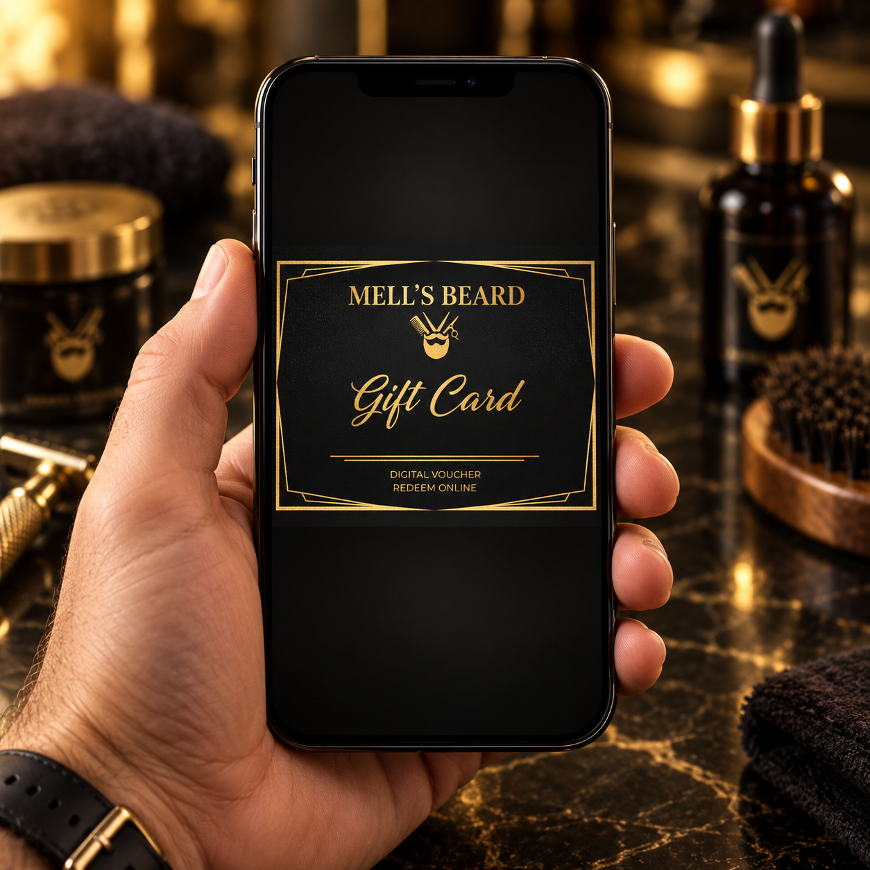 Mell’s Beard digital gift card displayed on a smartphone