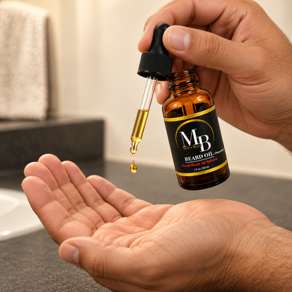 Mell’s Beard Oil Unscented being dispensed into a hand